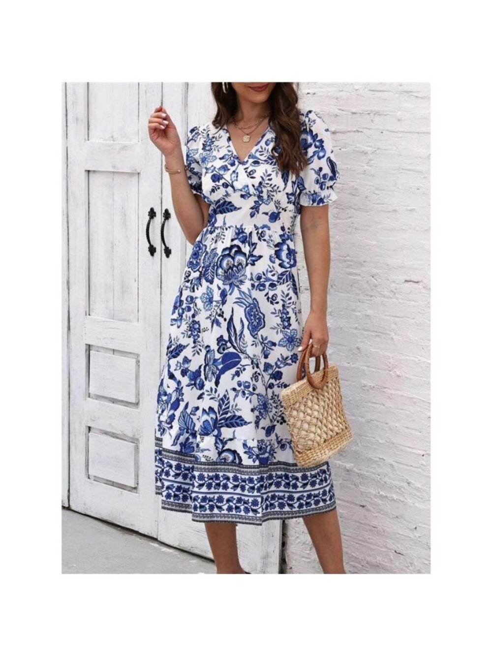 Floral Print Puff Sleeve Wrap Midi Dress